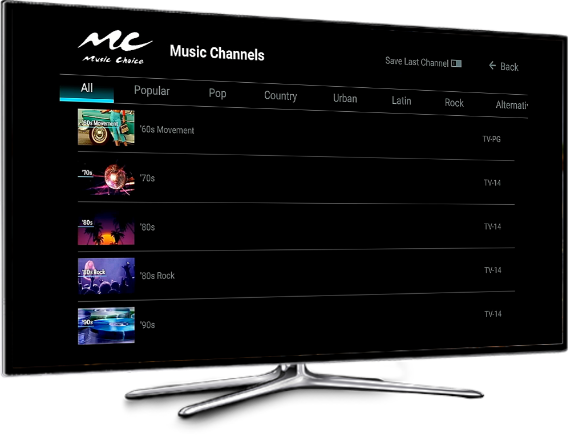 A TV showing the Music Choice app