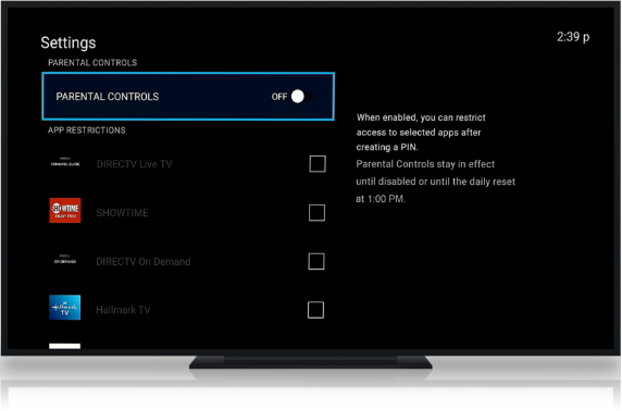 TV showing parental controls in the settings section